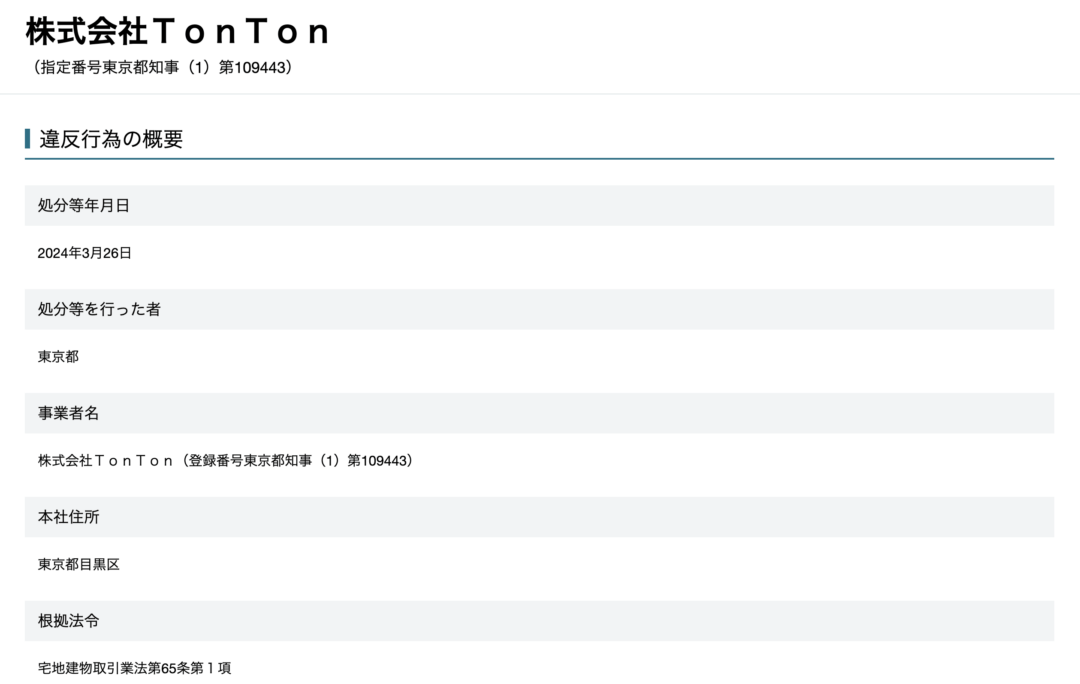 目黒区の株式会社ＴｏｎＴｏｎ指示処分